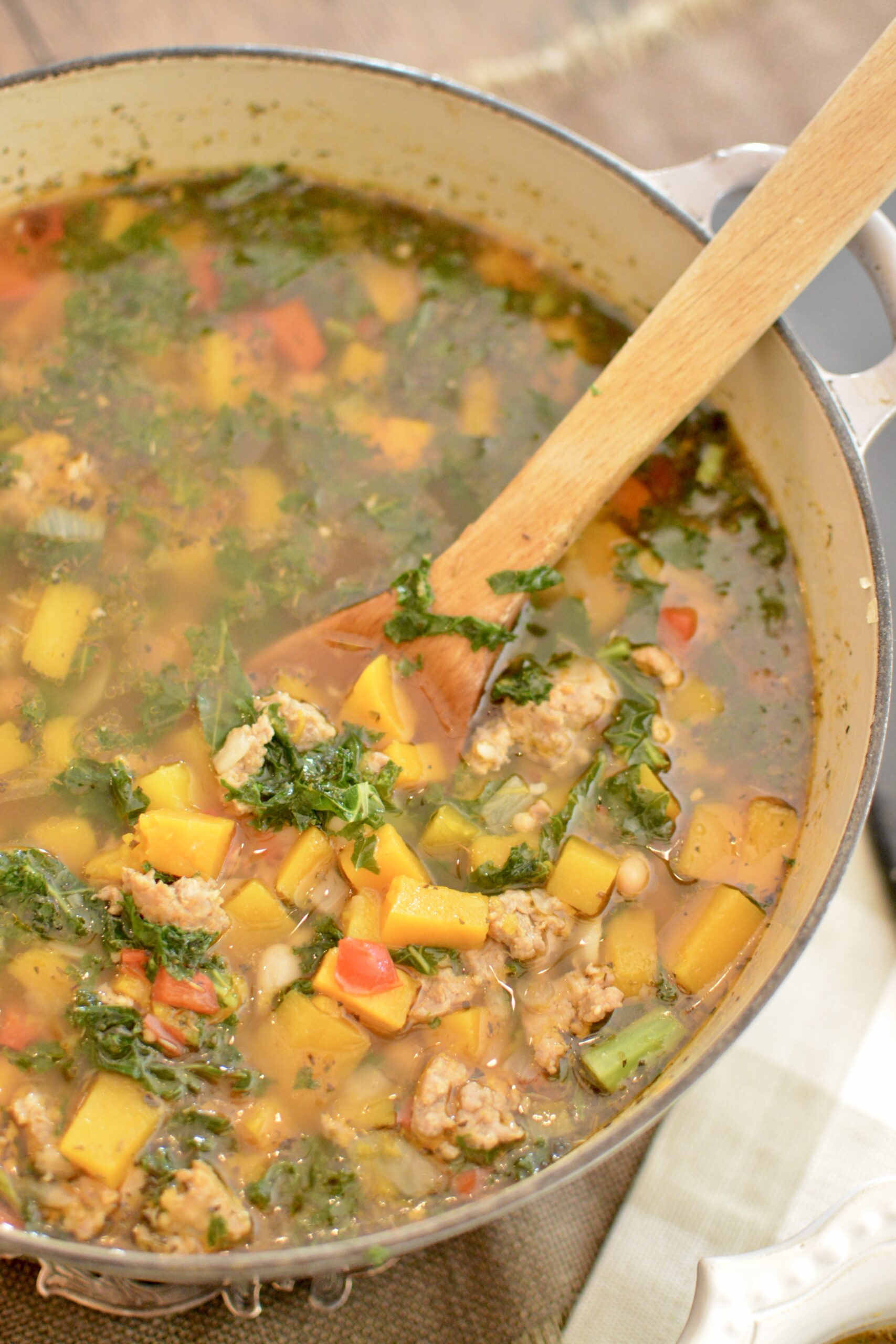 Butternut Squash, Kale and White Bean Soup with Sausage